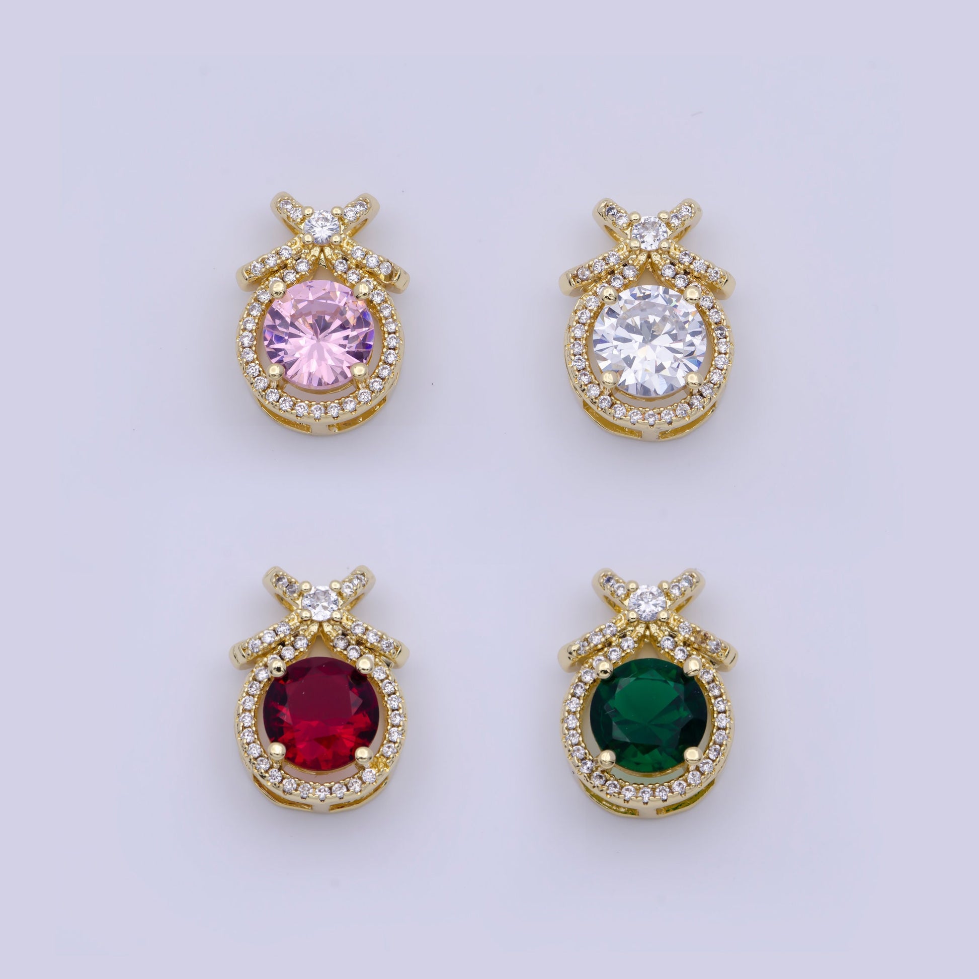Round Gold Multicolor CZ Stone Pendant w. Bow on Top, 24K Gold Plated Diamond CZ Crystals Ribbon Charm | X-490~X-493