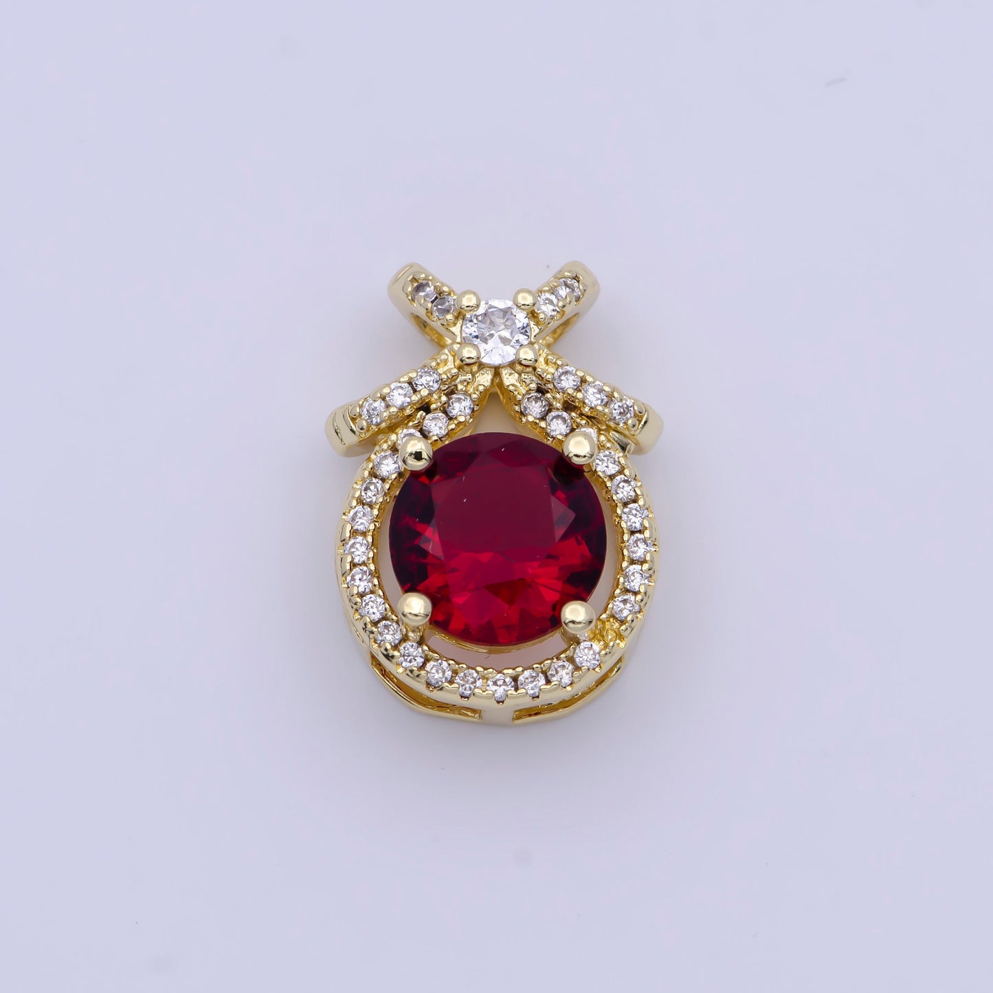 Round Gold Multicolor CZ Stone Pendant w. Bow on Top, 24K Gold Plated Diamond CZ Crystals Ribbon Charm | X-490~X-493