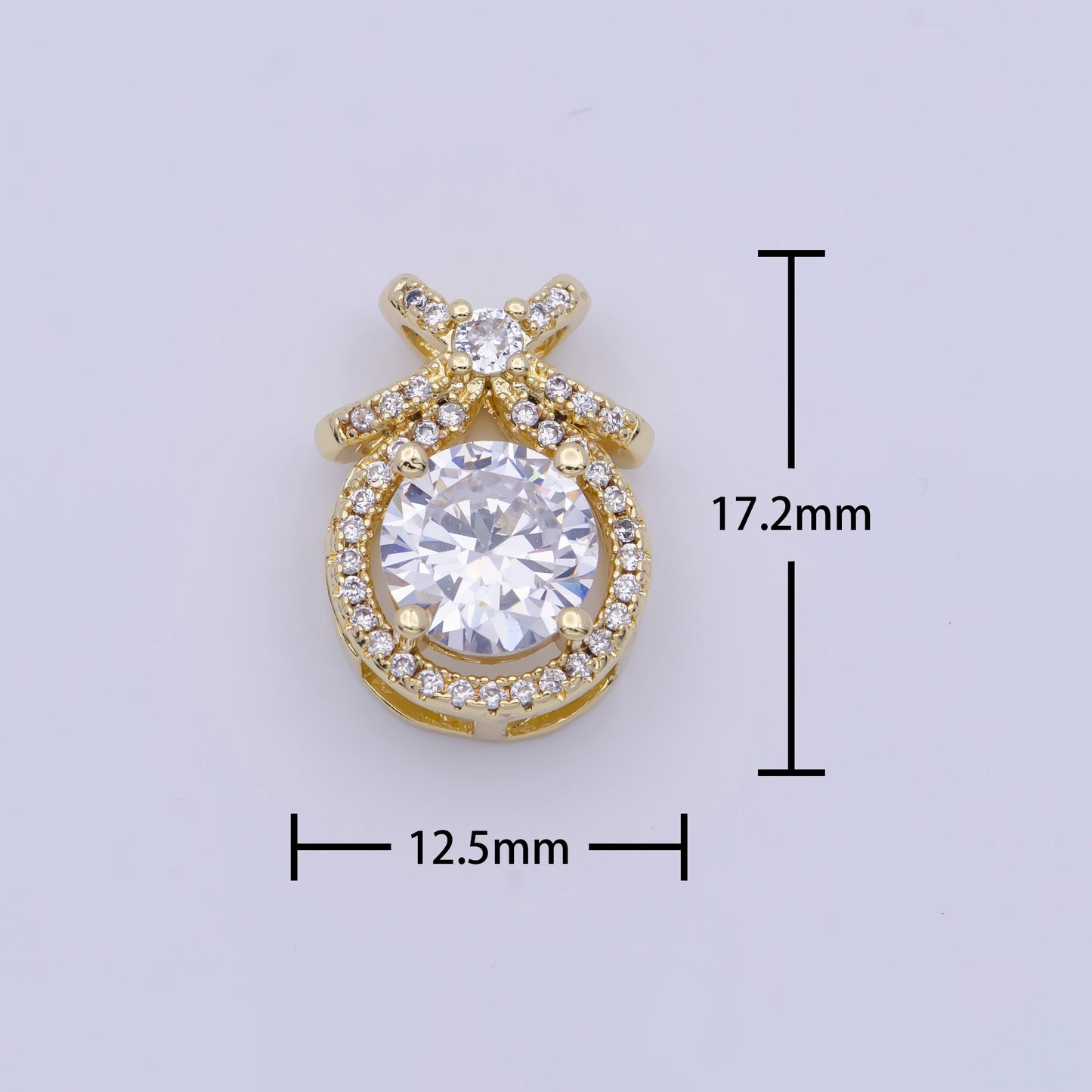 Round Gold Multicolor CZ Stone Pendant w. Bow on Top, 24K Gold Plated Diamond CZ Crystals Ribbon Charm | X-490~X-493