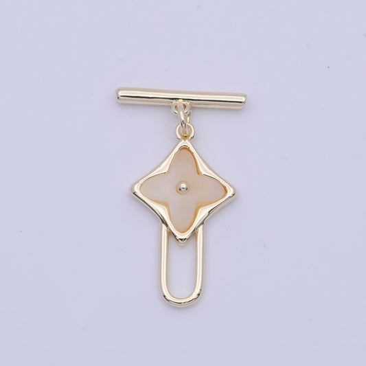 Pearly White Shell Four-Leaf Lucky Toggle Clasp, 14K Gold Plated Dainty Shell Clover Flower Toggle Clasp for Jewelry Supply | L-909