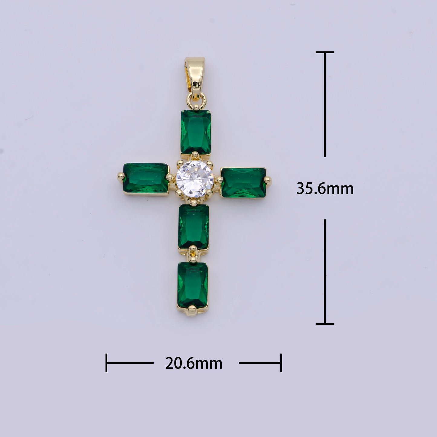 Emerald Green CZ Baguette Cross Pendant, 24K Gold Plated Clear Micro Paved Diamond CZ Center Cut Cross Religious Charm | X-503