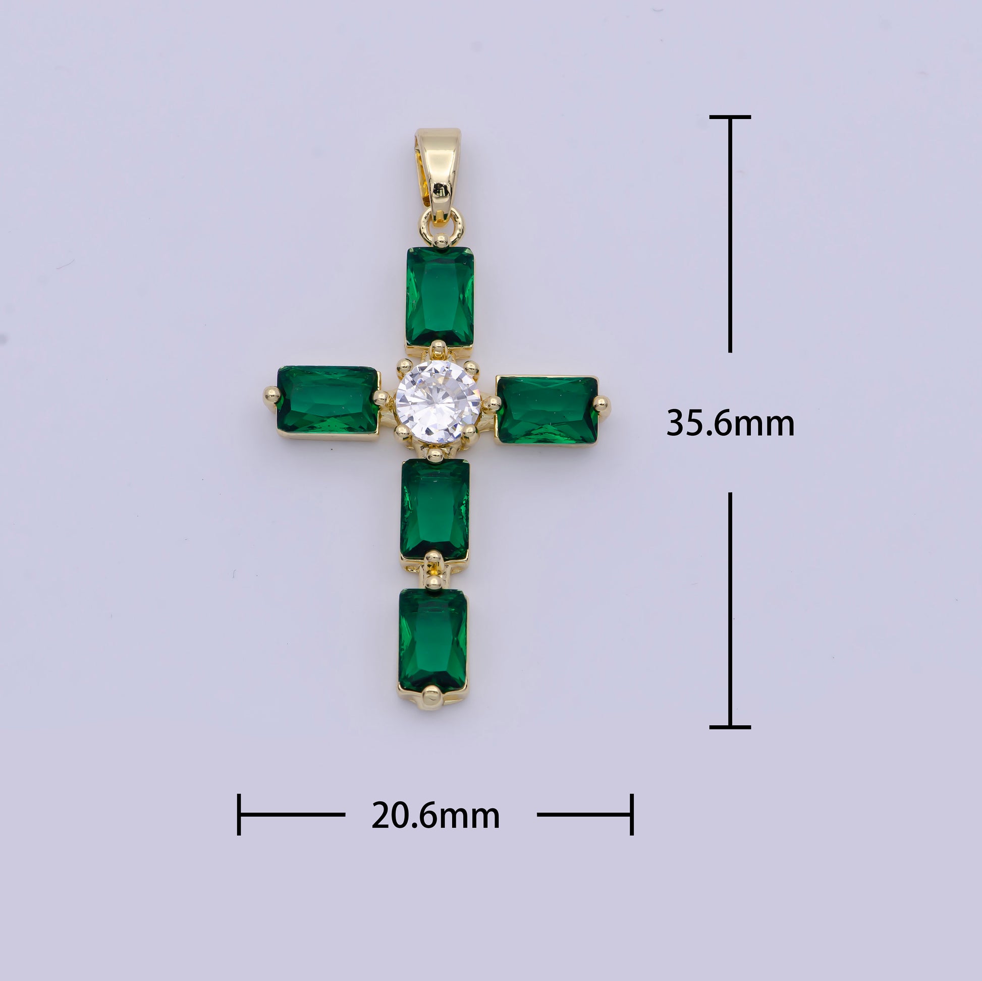 Emerald Green CZ Baguette Cross Pendant, 24K Gold Plated Clear Micro Paved Diamond CZ Center Cut Cross Religious Charm | X-503