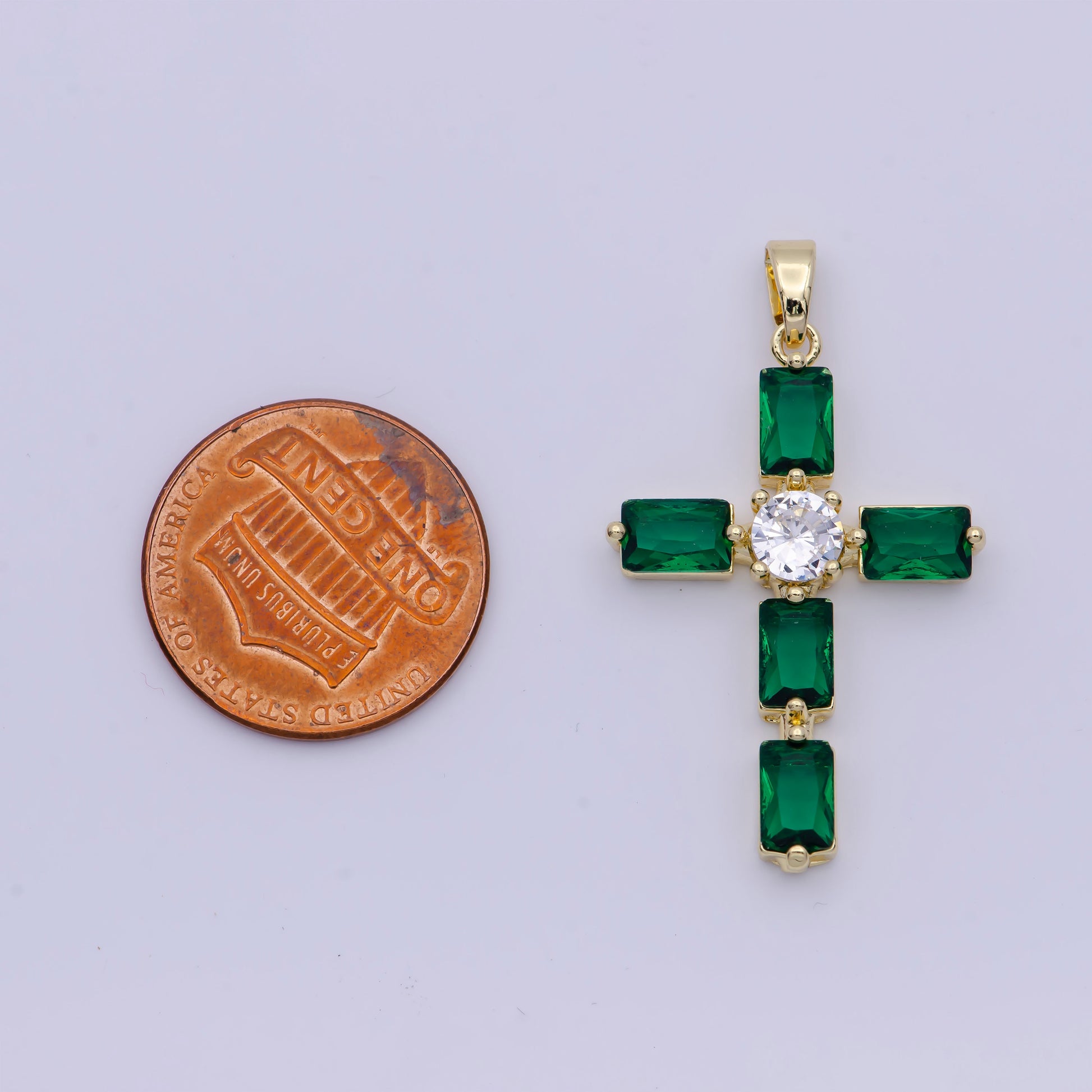 Emerald Green CZ Baguette Cross Pendant, 24K Gold Plated Clear Micro Paved Diamond CZ Center Cut Cross Religious Charm | X-503