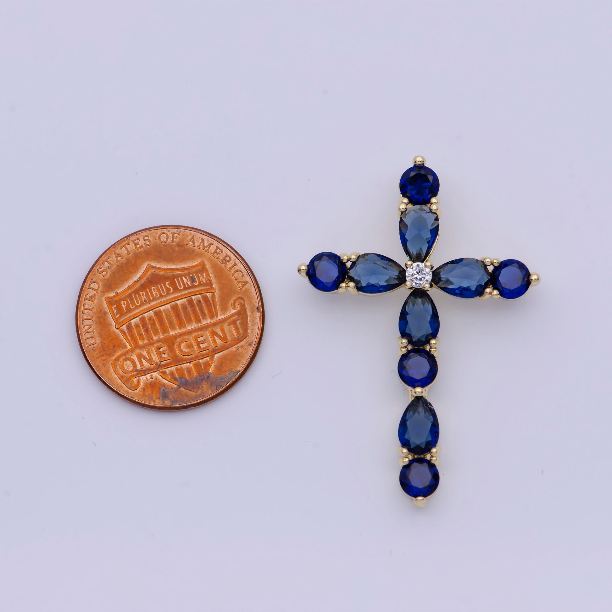 Sapphire Blue & Emerald Green CZ Cross Pendant, 24K Gold Plated Clear Micro Paved Diamond CZ Center Cut Cross Religious Charm | X-500, X-501