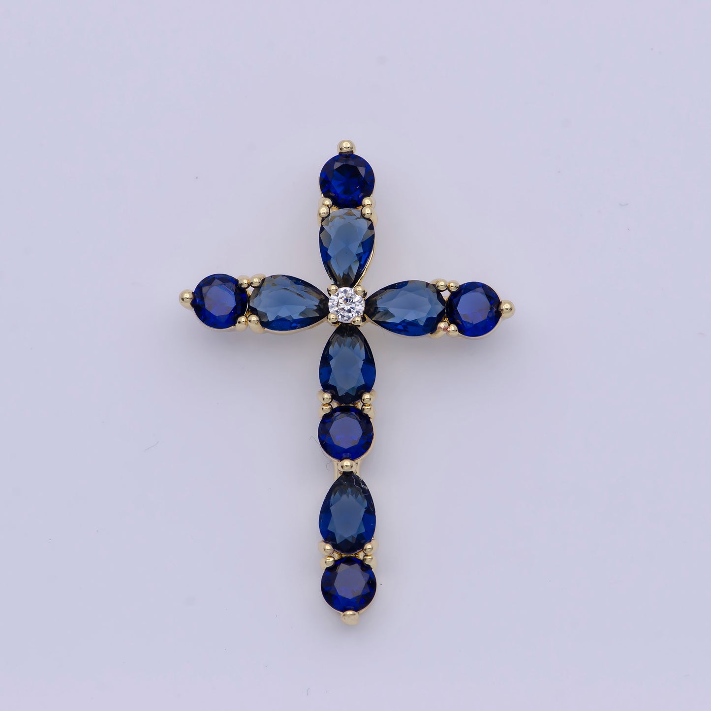 Sapphire Blue & Emerald Green CZ Cross Pendant, 24K Gold Plated Clear Micro Paved Diamond CZ Center Cut Cross Religious Charm | X-500, X-501