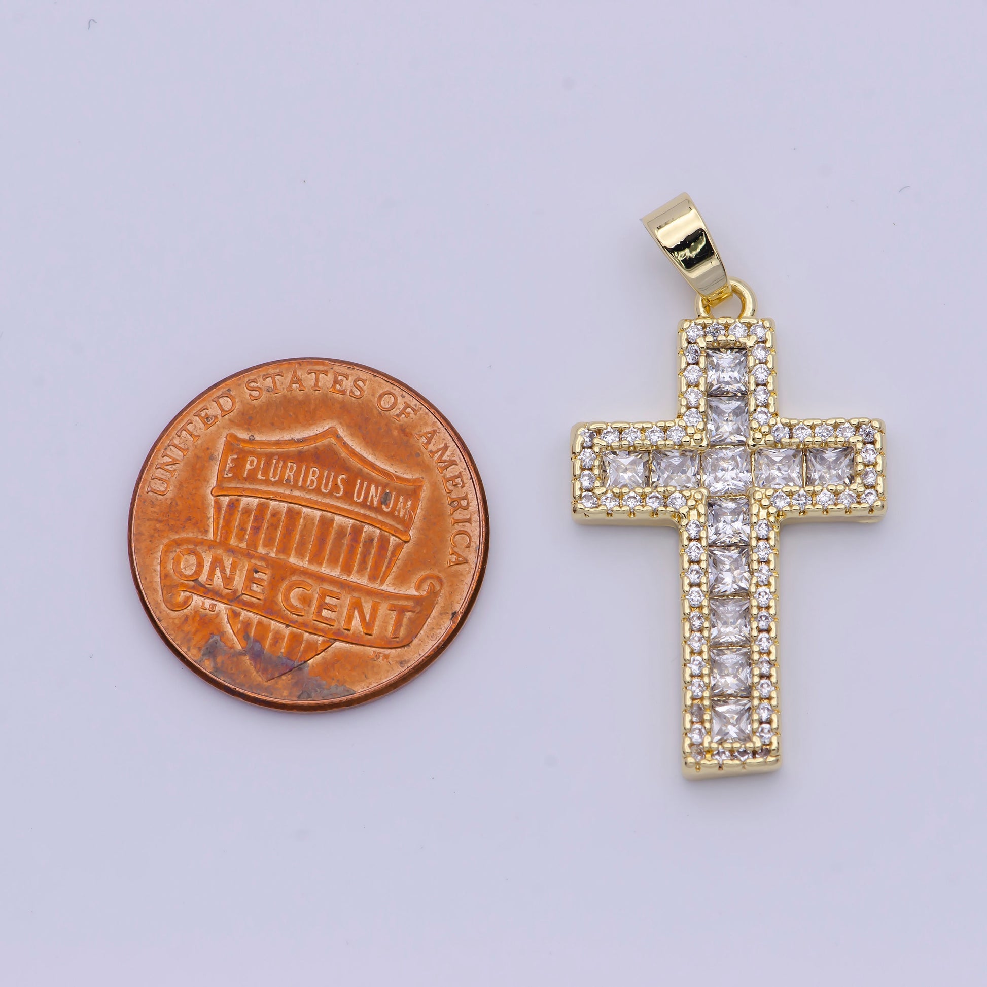 Bold Gold CZ Cross Pendant, 14K Gold Plated Clear Micro Paved Square Cut CZ Religious Cross Charm | X-497