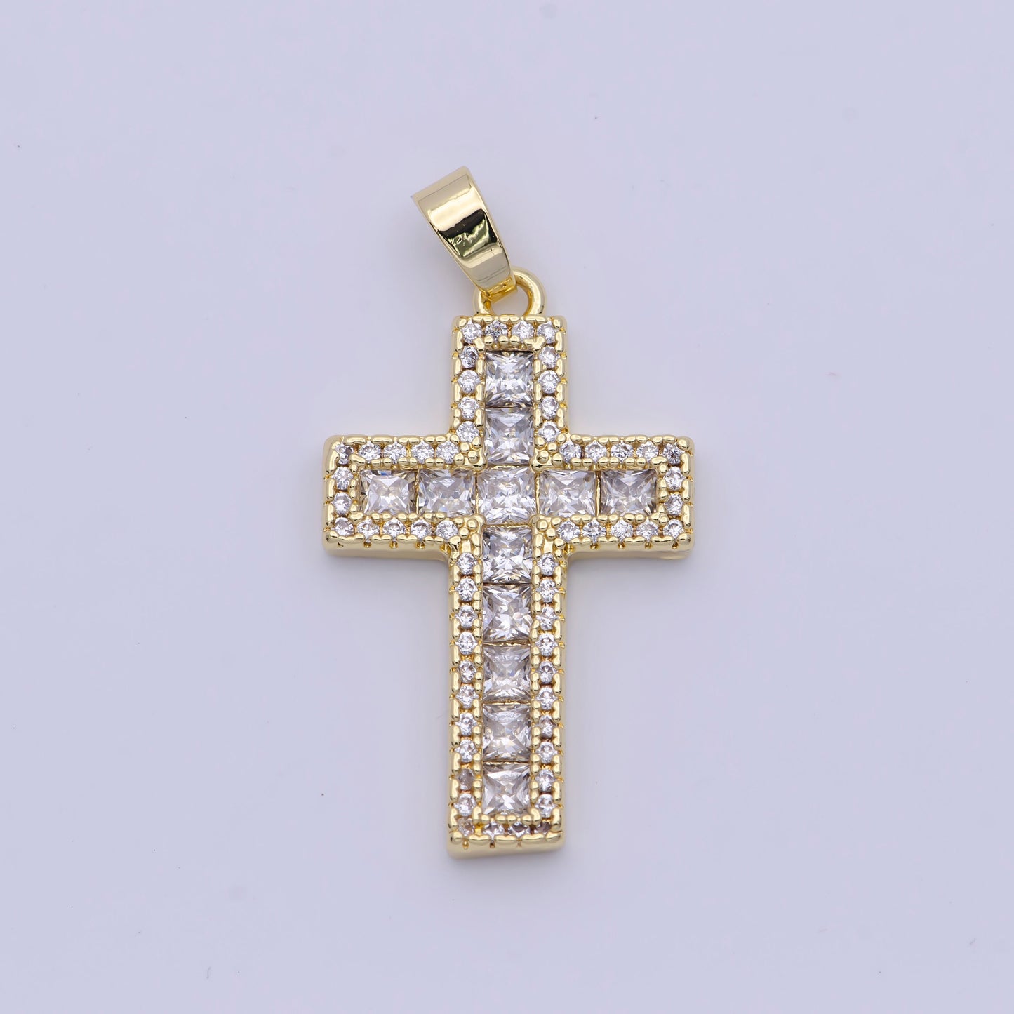 Bold Gold CZ Cross Pendant, 14K Gold Plated Clear Micro Paved Square Cut CZ Religious Cross Charm | X-497