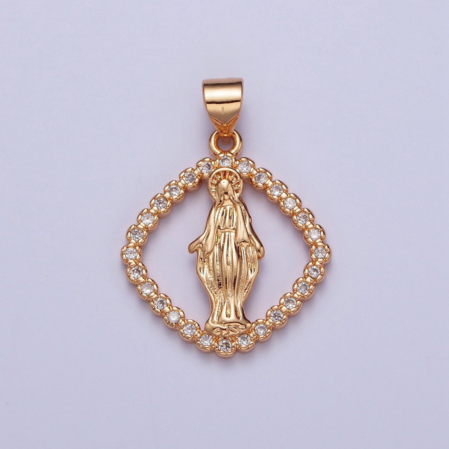 Our Lady of Guadalupe CZ Diamond Square Pendant, 18K Gold Plated Virgin Mary Hollow Cut Micro Paved Clear CZ Religious Charm | H-132