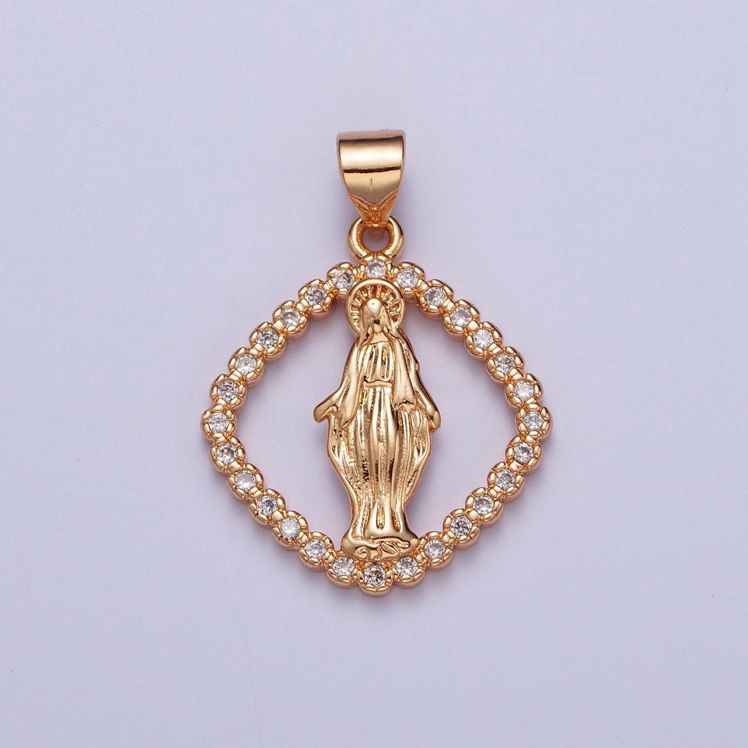 Our Lady of Guadalupe CZ Diamond Square Pendant, 18K Gold Plated Virgin Mary Hollow Cut Micro Paved Clear CZ Religious Charm | H-132