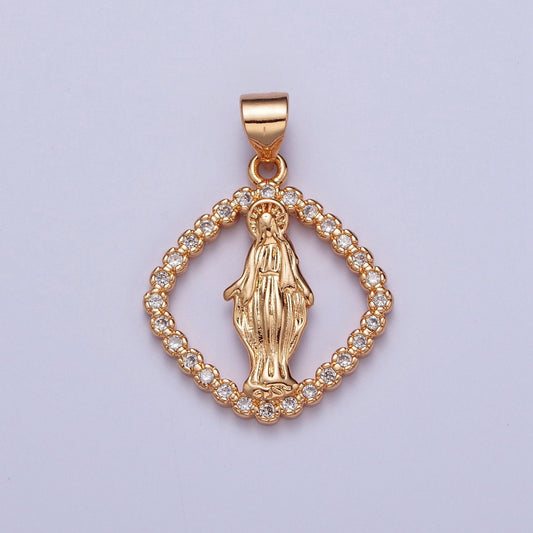 Our Lady of Guadalupe CZ Diamond Square Pendant, 18K Gold Plated Virgin Mary Hollow Cut Micro Paved Clear CZ Religious Charm | H-132