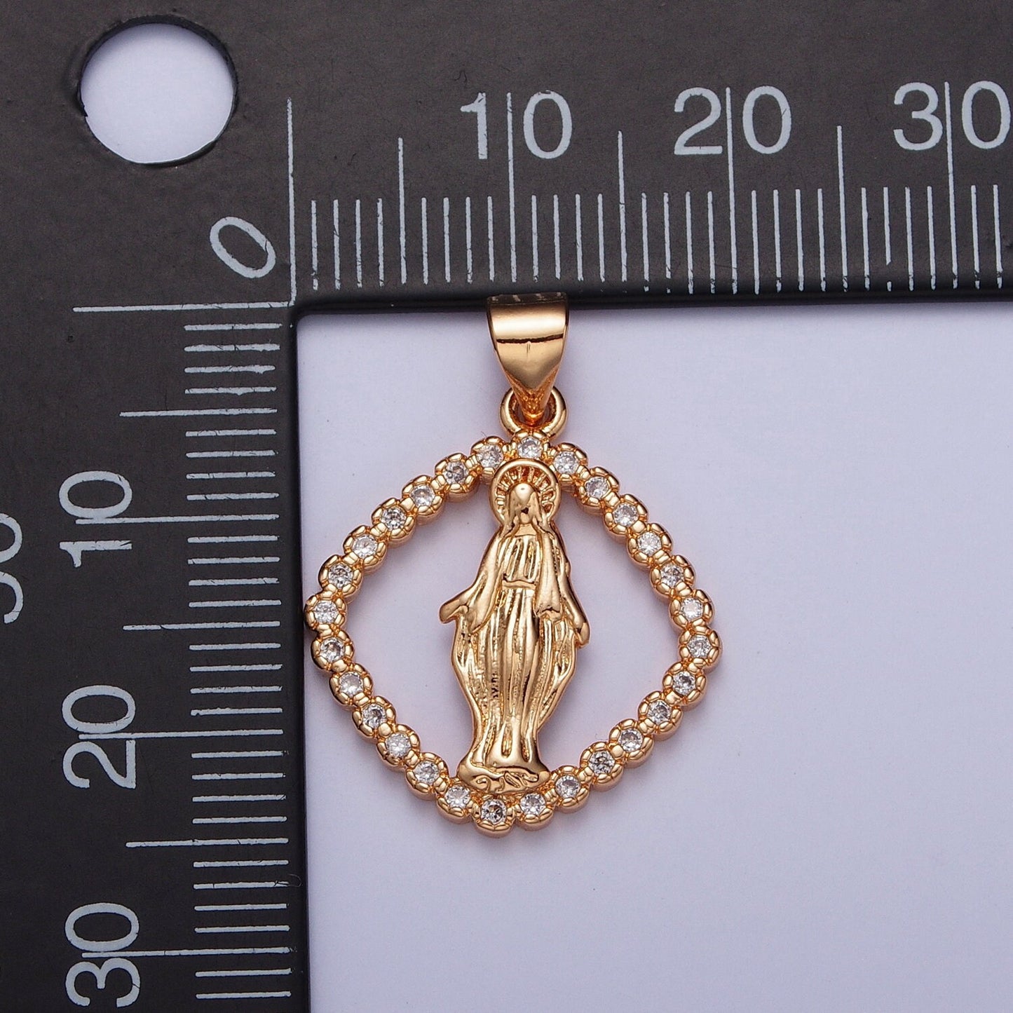 Our Lady of Guadalupe CZ Diamond Square Pendant, 18K Gold Plated Virgin Mary Hollow Cut Micro Paved Clear CZ Religious Charm | H-132