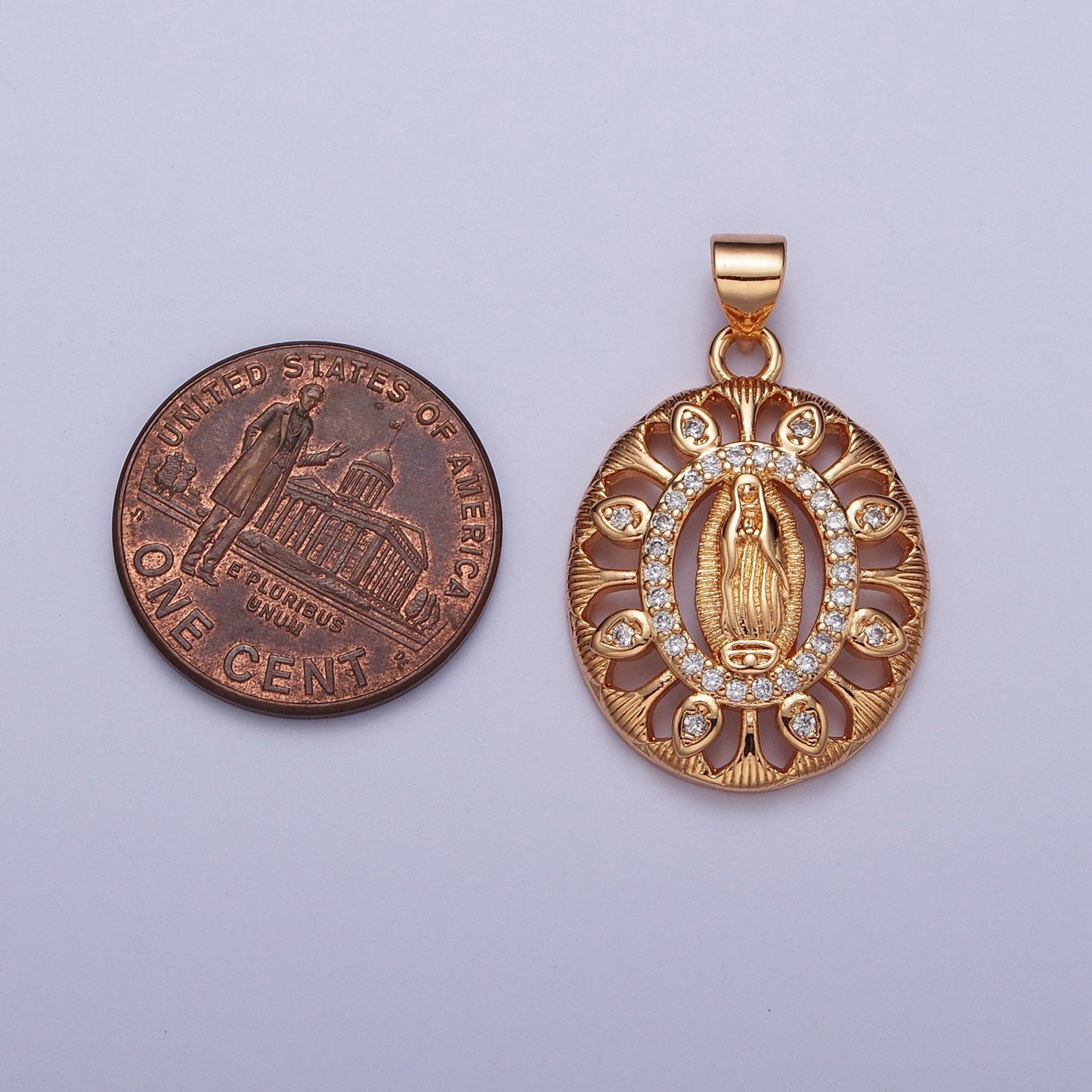 Rose Gold CZ Virgin Mary Oval Flower Cut Pendant, 18K Gold Plated Clear Micro Paved CZ Our Lady of Guadalupe Floral Religious Charm | H-140
