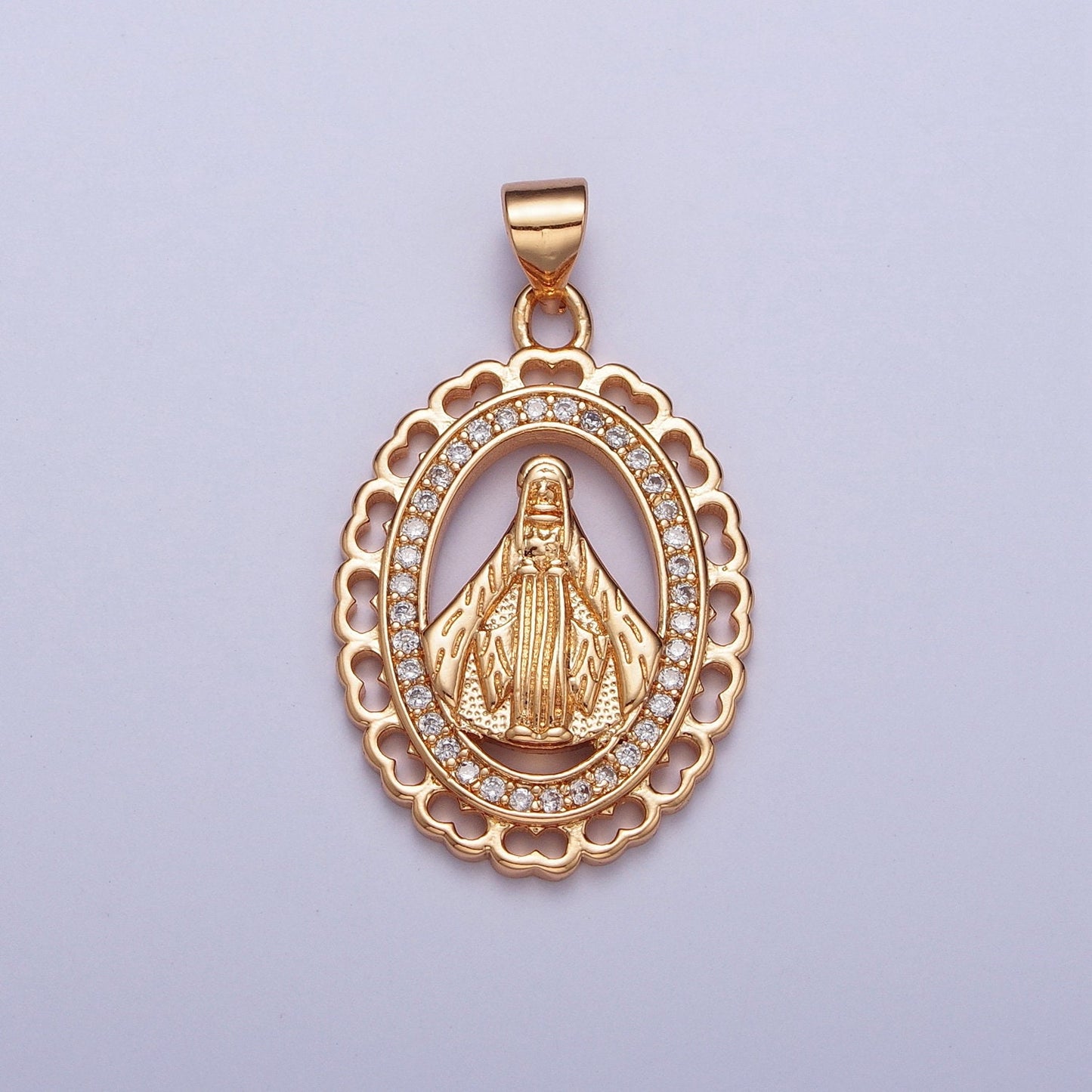 Gold CZ Religious Floral Pendant, 18K Gold Plated Clear Micro Paved CZ the Nossa Senhora Aparecida Decorative Edge Religious Charm | H-178