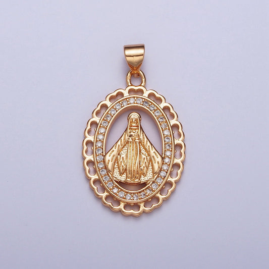 Gold CZ Religious Floral Pendant, 18K Gold Plated Clear Micro Paved CZ the Nossa Senhora Aparecida Decorative Edge Religious Charm | H-178