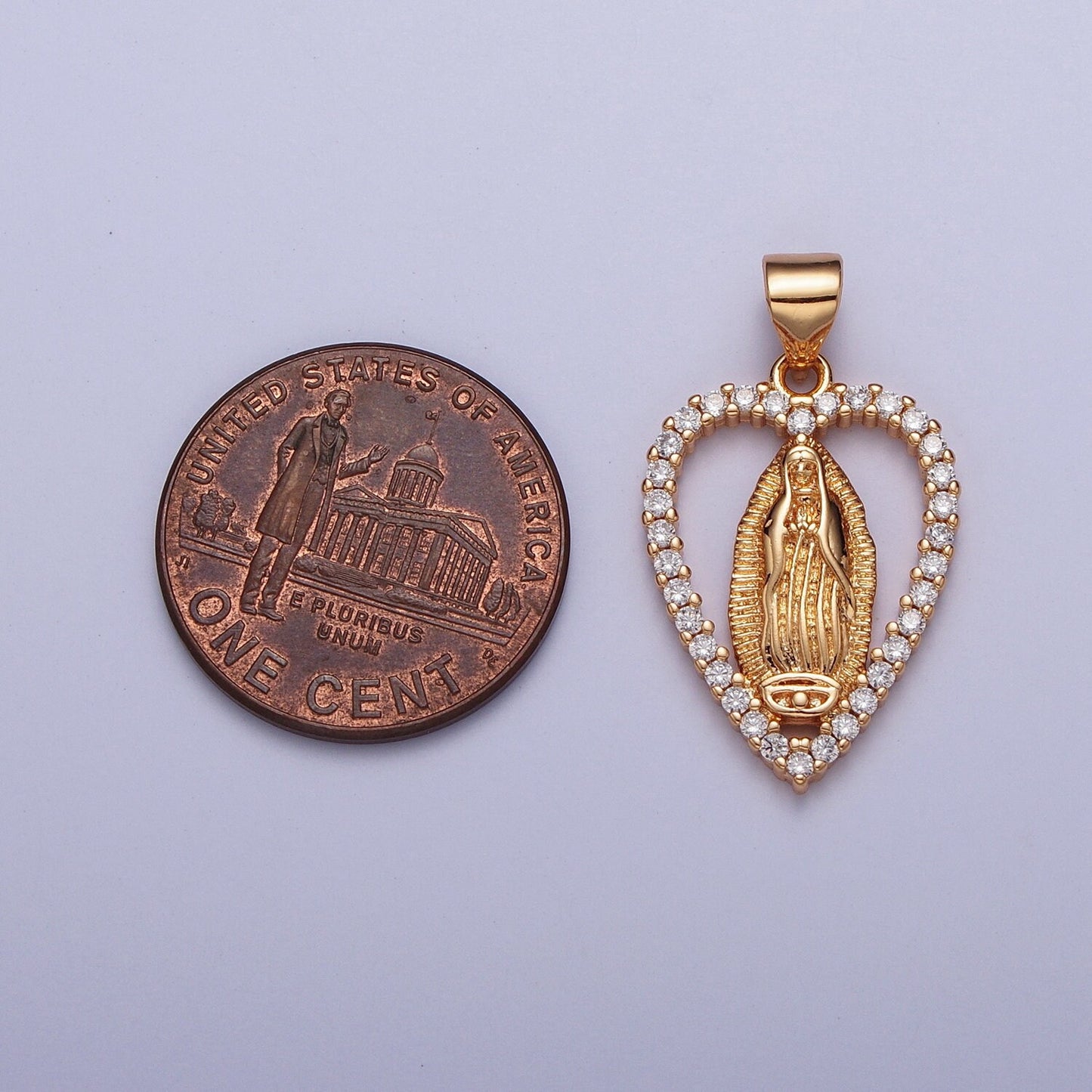 Rose Gold CZ Virgin Mary Heart Pendant, 18K Gold Plated Clear Micro Pave CZ Love Heart Our Lady of Guadalupe Religious Charm | X-680