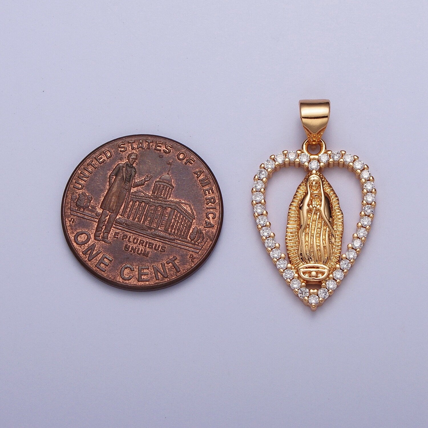 Rose Gold CZ Virgin Mary Heart Pendant, 18K Gold Plated Clear Micro Pave CZ Love Heart Our Lady of Guadalupe Religious Charm | X-680