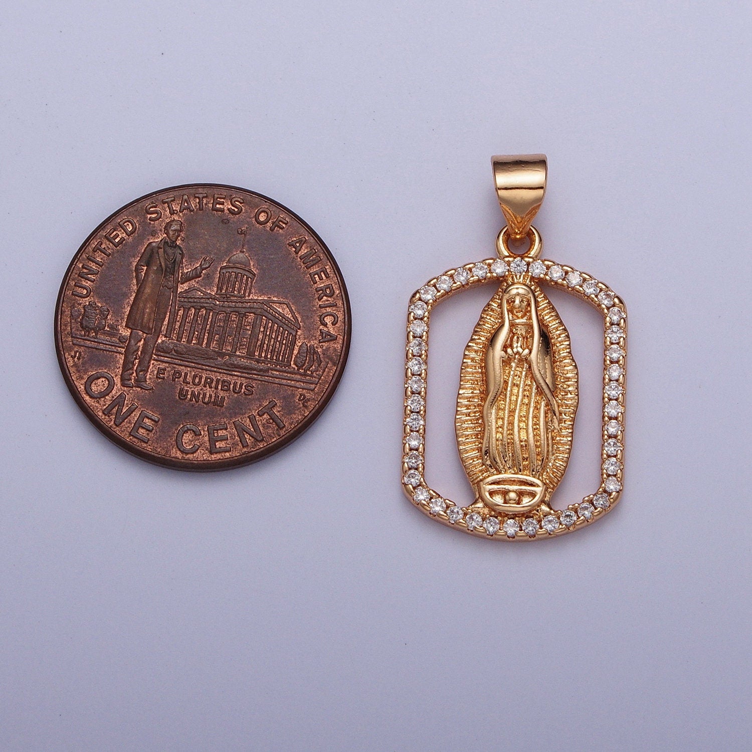 Rose Gold CZ Virgin Mary Heart Pendant, 18K Gold Plated Clear Micro Pave CZ Hollow Rectangular Our Lady of Guadalupe Religious Charm | H-187