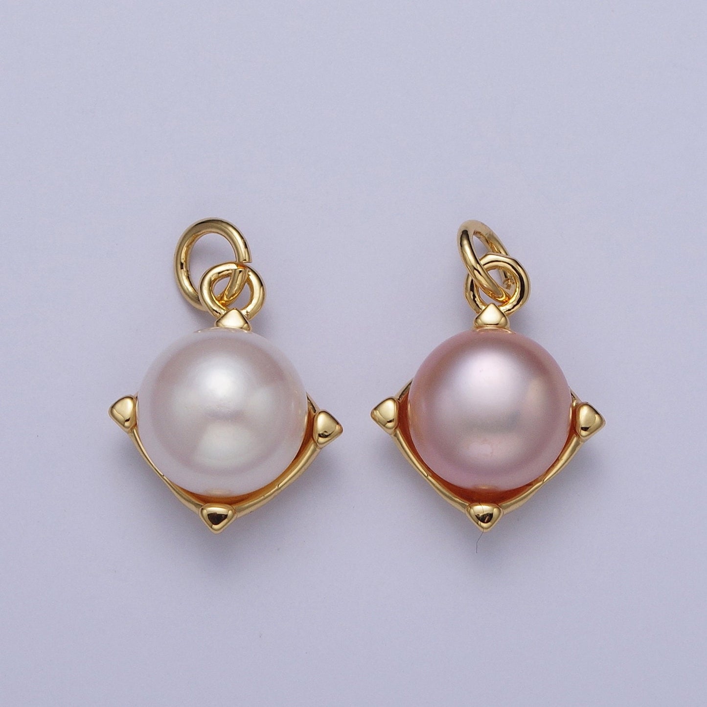 Dainty Purple White Round Pearl Diamond Cut Pendant, 24K Gold Filled Rhombus Round Mother of Pearl Charm | N-646