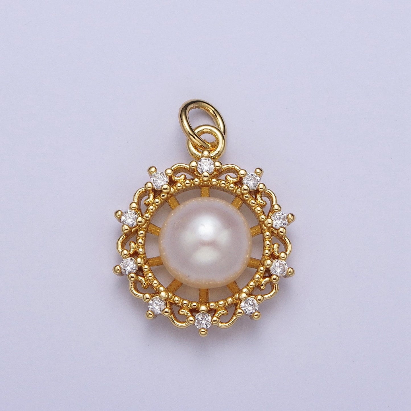 Elegant Purple White Round Shell Pearl Royalty Decorative Pendant, GP Micro Paved Clear CZ Royal Wheel Mother of Pearl Charm | N-676