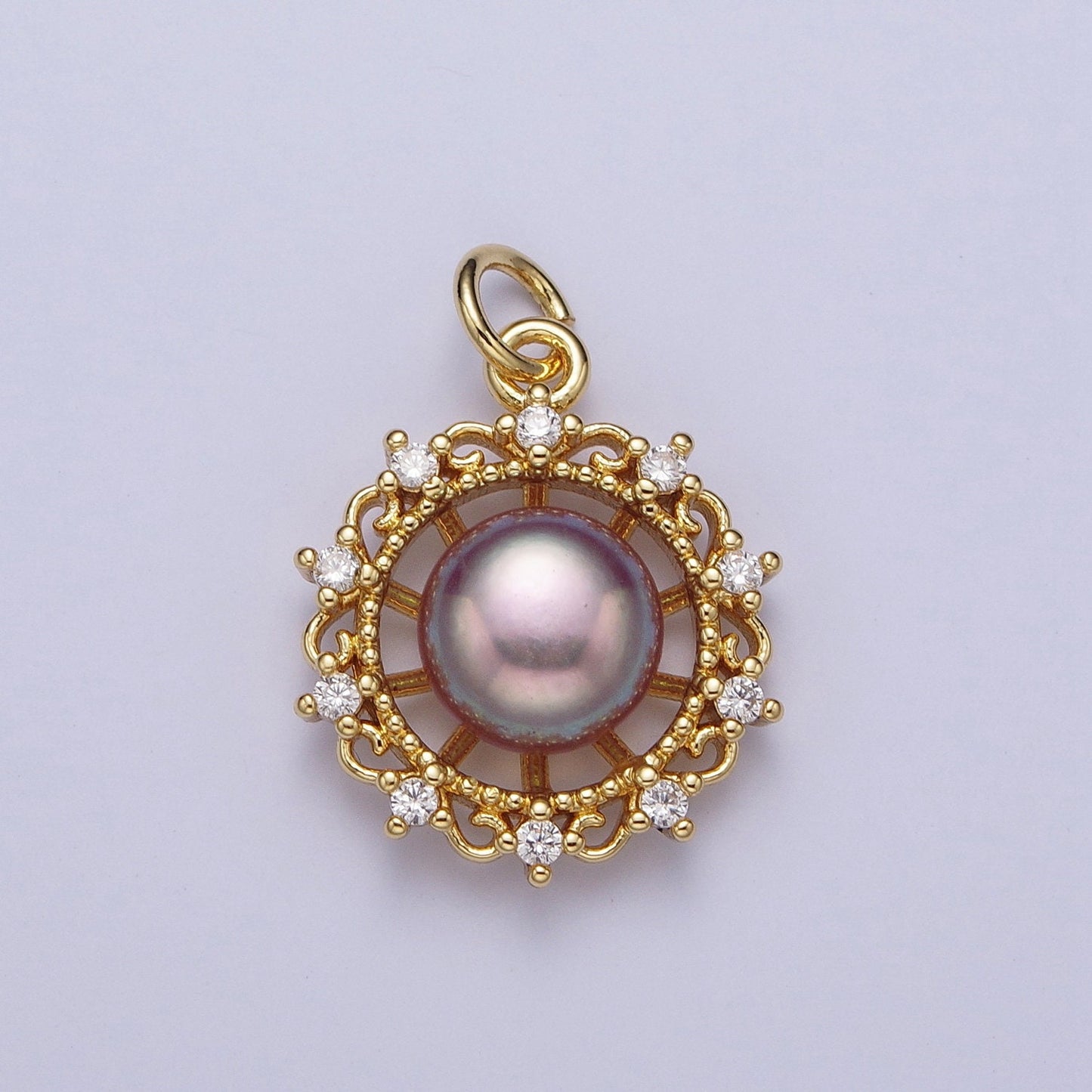 Elegant Purple White Round Shell Pearl Royalty Decorative Pendant, GP Micro Paved Clear CZ Royal Wheel Mother of Pearl Charm | N-676