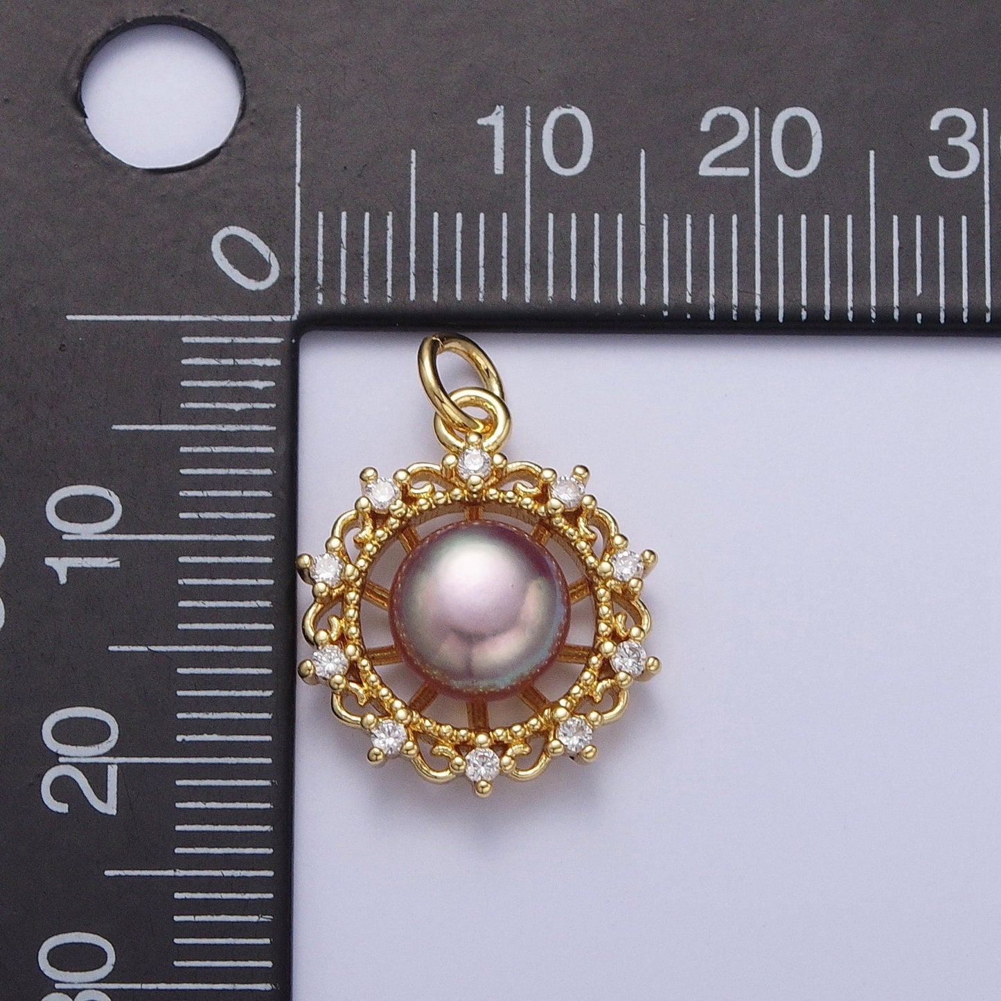 Elegant Purple White Round Shell Pearl Royalty Decorative Pendant, GP Micro Paved Clear CZ Royal Wheel Mother of Pearl Charm | N-676