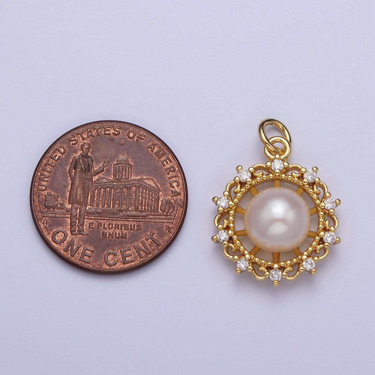 Elegant Purple White Round Shell Pearl Royalty Decorative Pendant, GP Micro Paved Clear CZ Royal Wheel Mother of Pearl Charm | N-676