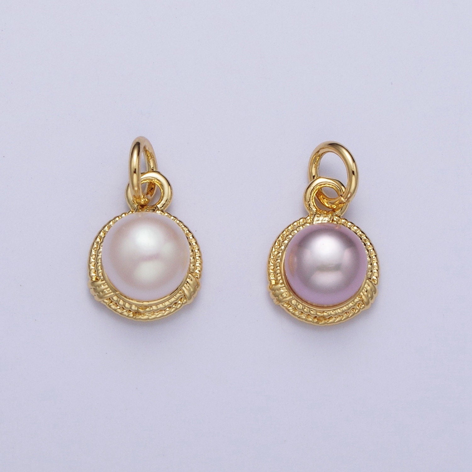 Elegant Purple White Round Shell Pearl Circular Pendant, Gold Plated Micro Paved Clear CZ Wheat Wreath Textured Edge Mother of Pearl Charm