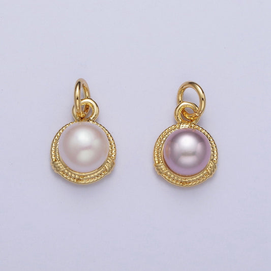 Elegant Purple White Round Shell Pearl Circular Pendant, Gold Plated Micro Paved Clear CZ Wheat Wreath Textured Edge Mother of Pearl Charm