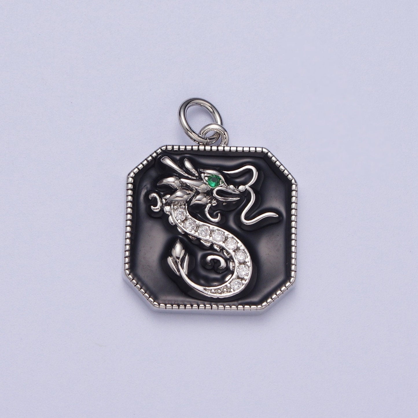 Gold/Silver Green-Eyed Dragon Pendant, GP Clear Micro Paved CZ Black Enamel Octagon Chinese Emerald Green Eye Dragon Charm | C-128