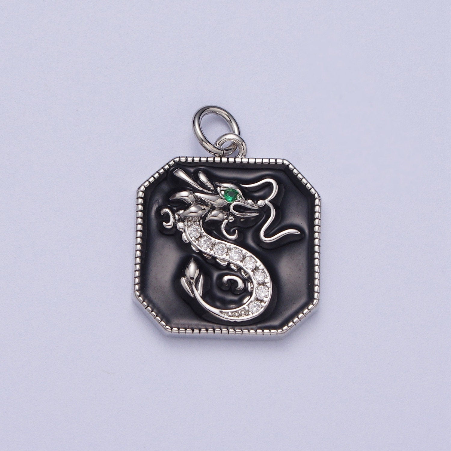 Gold/Silver Green-Eyed Dragon Pendant, GP Clear Micro Paved CZ Black Enamel Octagon Chinese Emerald Green Eye Dragon Charm | C-128