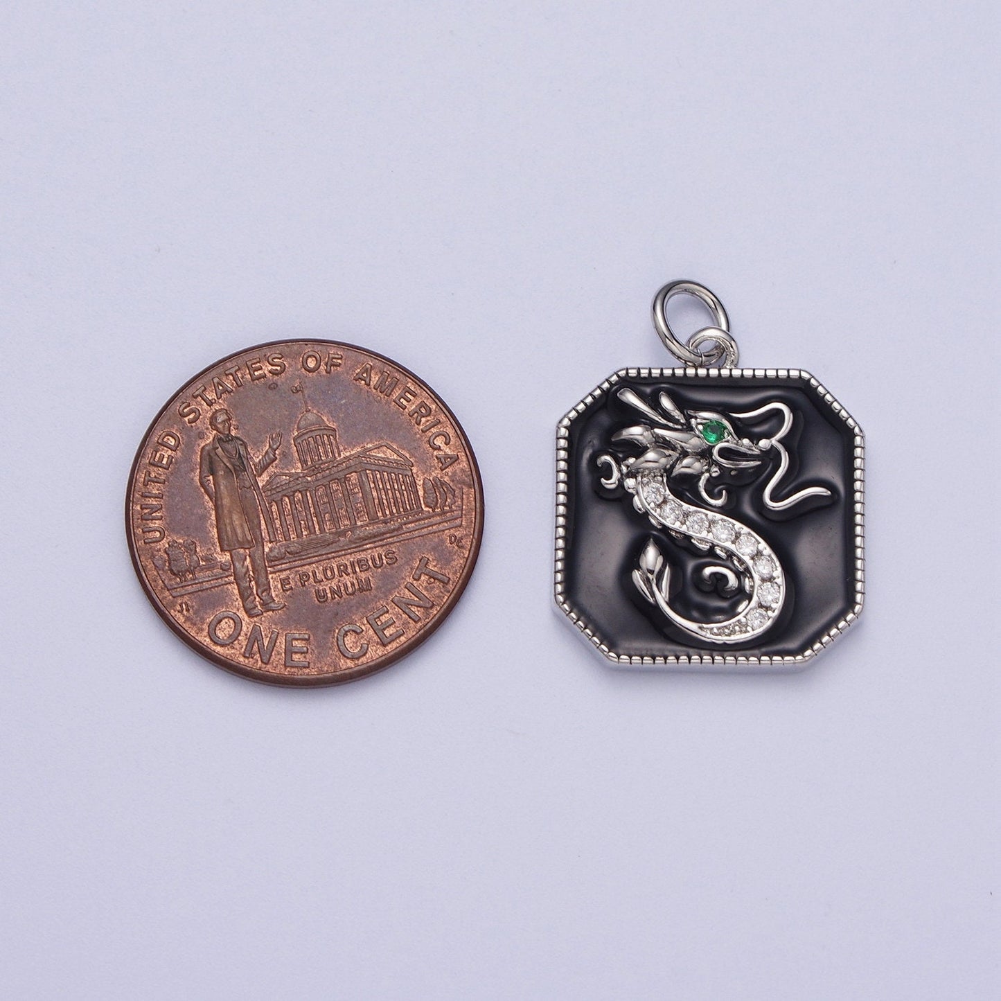 Gold/Silver Green-Eyed Dragon Pendant, GP Clear Micro Paved CZ Black Enamel Octagon Chinese Emerald Green Eye Dragon Charm | C-128