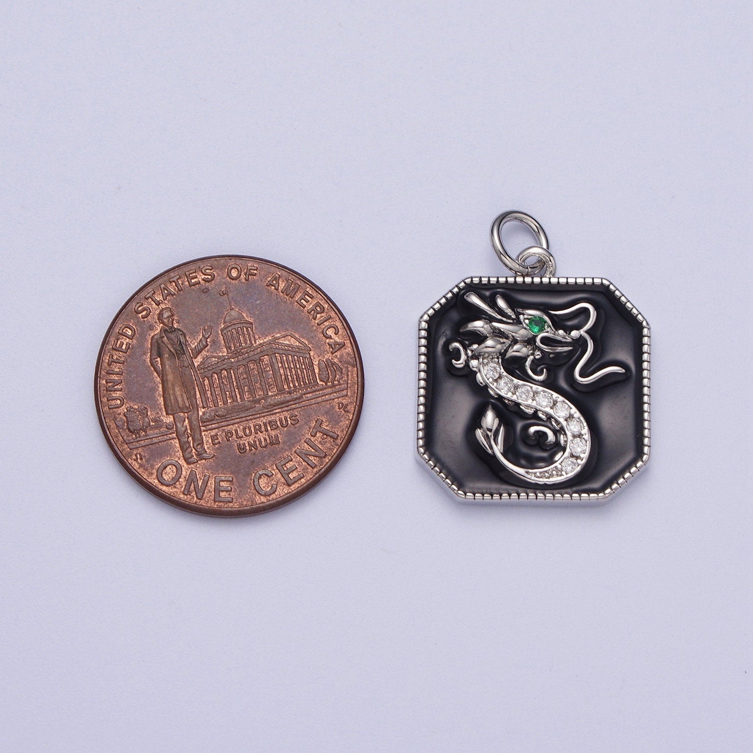 Gold/Silver Green-Eyed Dragon Pendant, GP Clear Micro Paved CZ Black Enamel Octagon Chinese Emerald Green Eye Dragon Charm | C-128