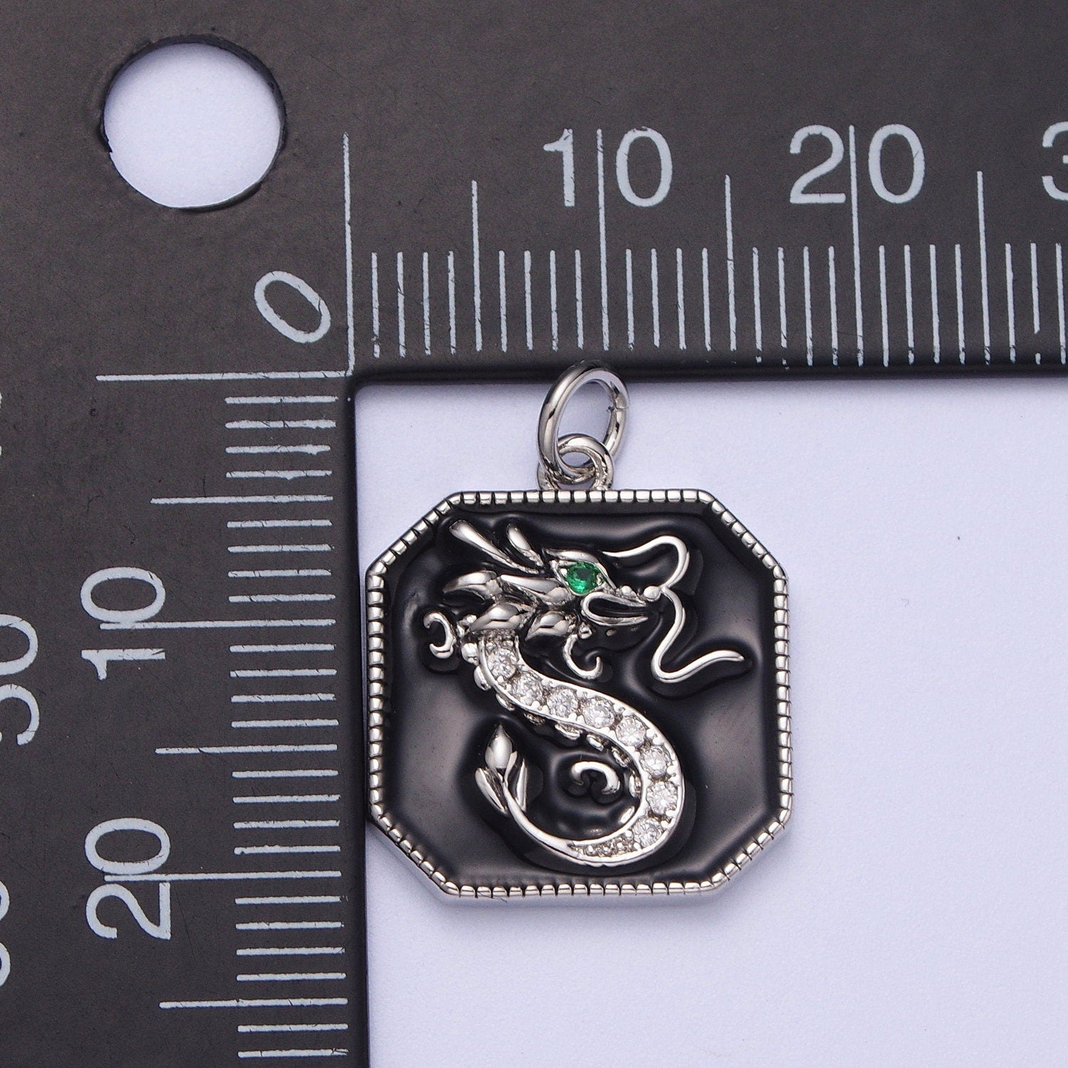 Gold/Silver Green-Eyed Dragon Pendant, GP Clear Micro Paved CZ Black Enamel Octagon Chinese Emerald Green Eye Dragon Charm | C-128
