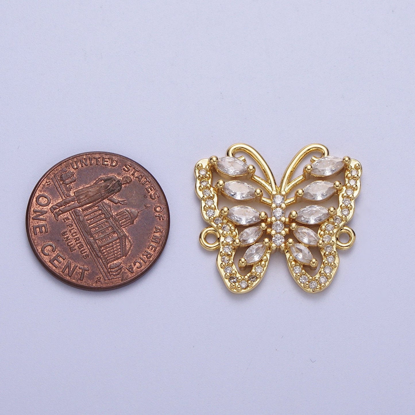 Gold Marquise CZ Butterfly Charm Connector, 24K Gold Plated Micro Paved Clear Marquise Cut CZ Mariposa Butterflies Charm Connector | F-316