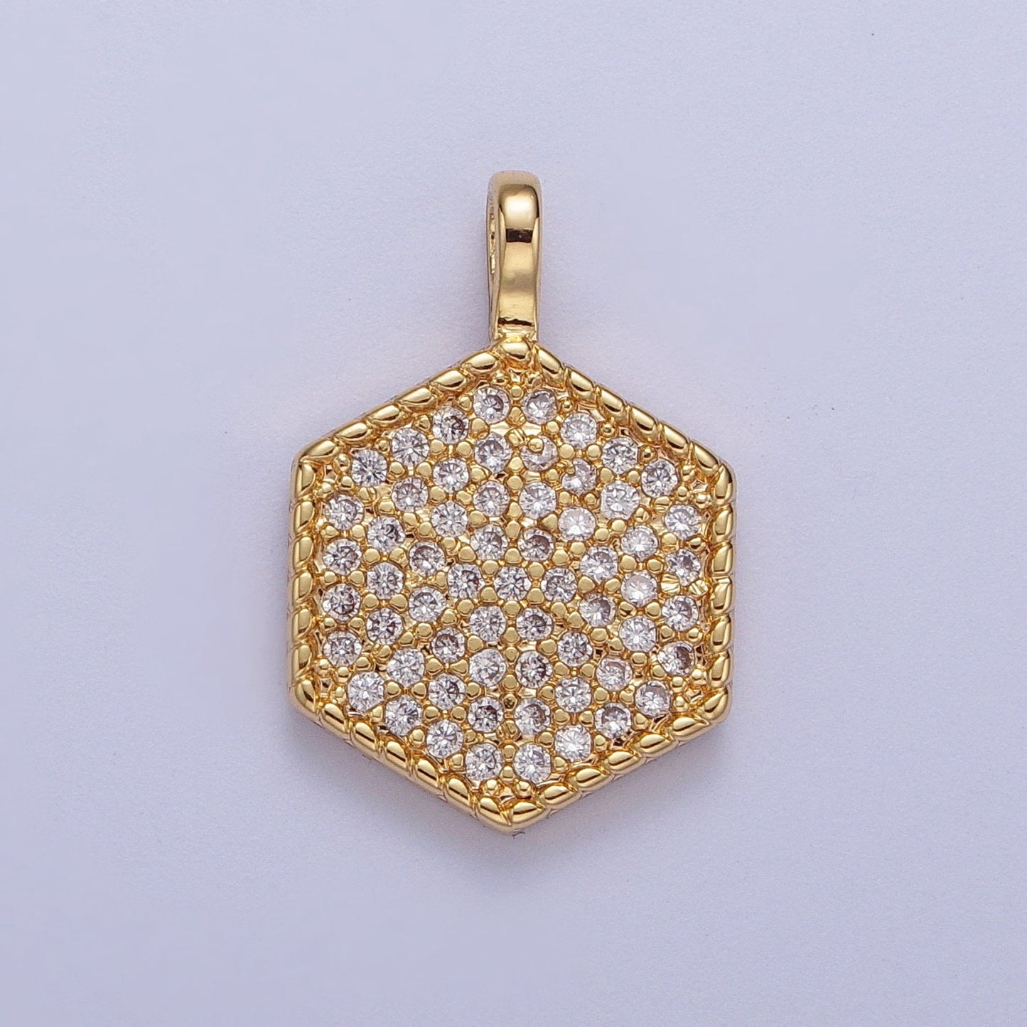 Gold CZ Simple Geometric Hexagon Pendant, 24K Gold Filled Clear Micro Paved CZ Hexagonal Twisted Edge Charm | H-466