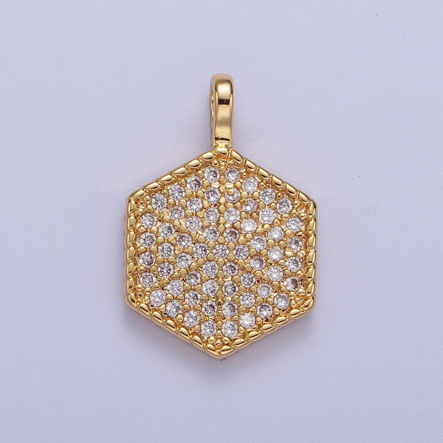Gold CZ Simple Geometric Hexagon Pendant, 24K Gold Filled Clear Micro Paved CZ Hexagonal Twisted Edge Charm | H-466