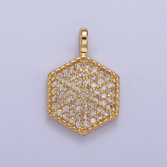 Gold CZ Simple Geometric Hexagon Pendant, 24K Gold Filled Clear Micro Paved CZ Hexagonal Twisted Edge Charm | H-466
