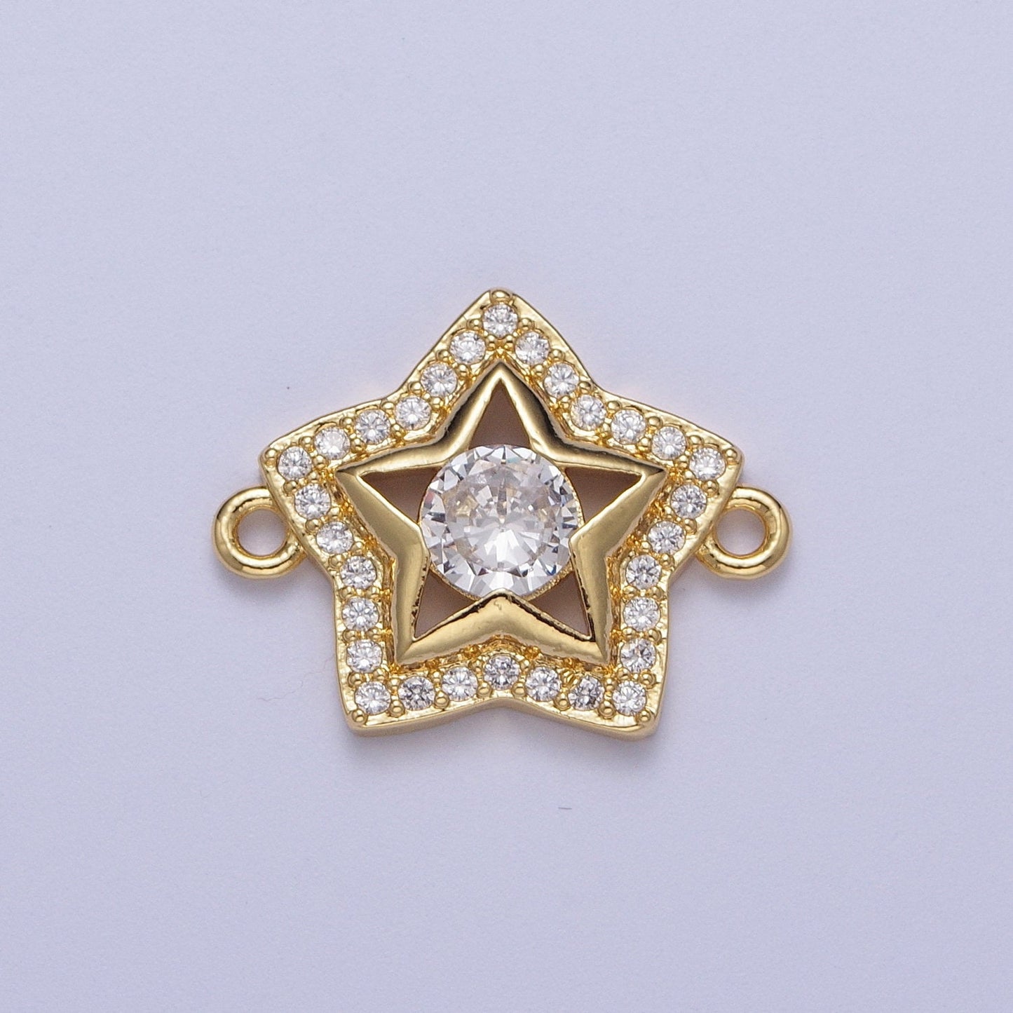 Dainty Gold CZ Star Charm Connector, 24K Gold Plated Clear Micro Paved CZ Stars Layered Hollow Center Celestial Link Connector | F-201