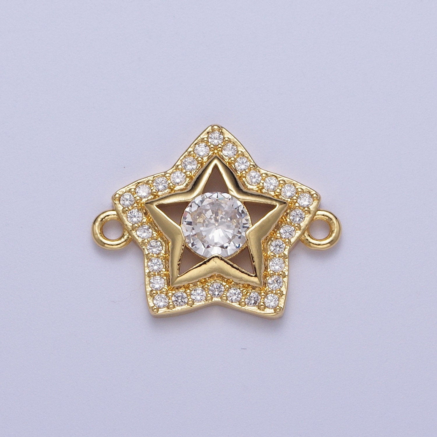 Dainty Gold CZ Star Charm Connector, 24K Gold Plated Clear Micro Paved CZ Stars Layered Hollow Center Celestial Link Connector | F-201