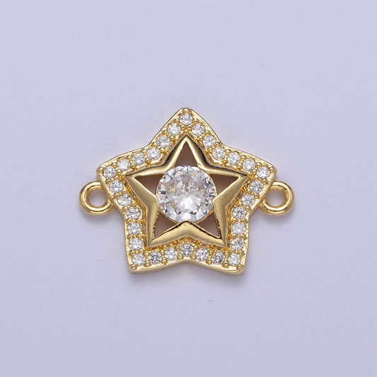 Dainty Gold CZ Star Charm Connector, 24K Gold Plated Clear Micro Paved CZ Stars Layered Hollow Center Celestial Link Connector | F-201