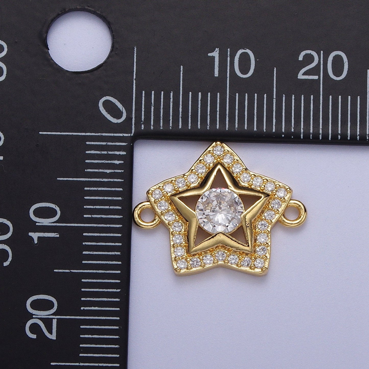 Dainty Gold CZ Star Charm Connector, 24K Gold Plated Clear Micro Paved CZ Stars Layered Hollow Center Celestial Link Connector | F-201