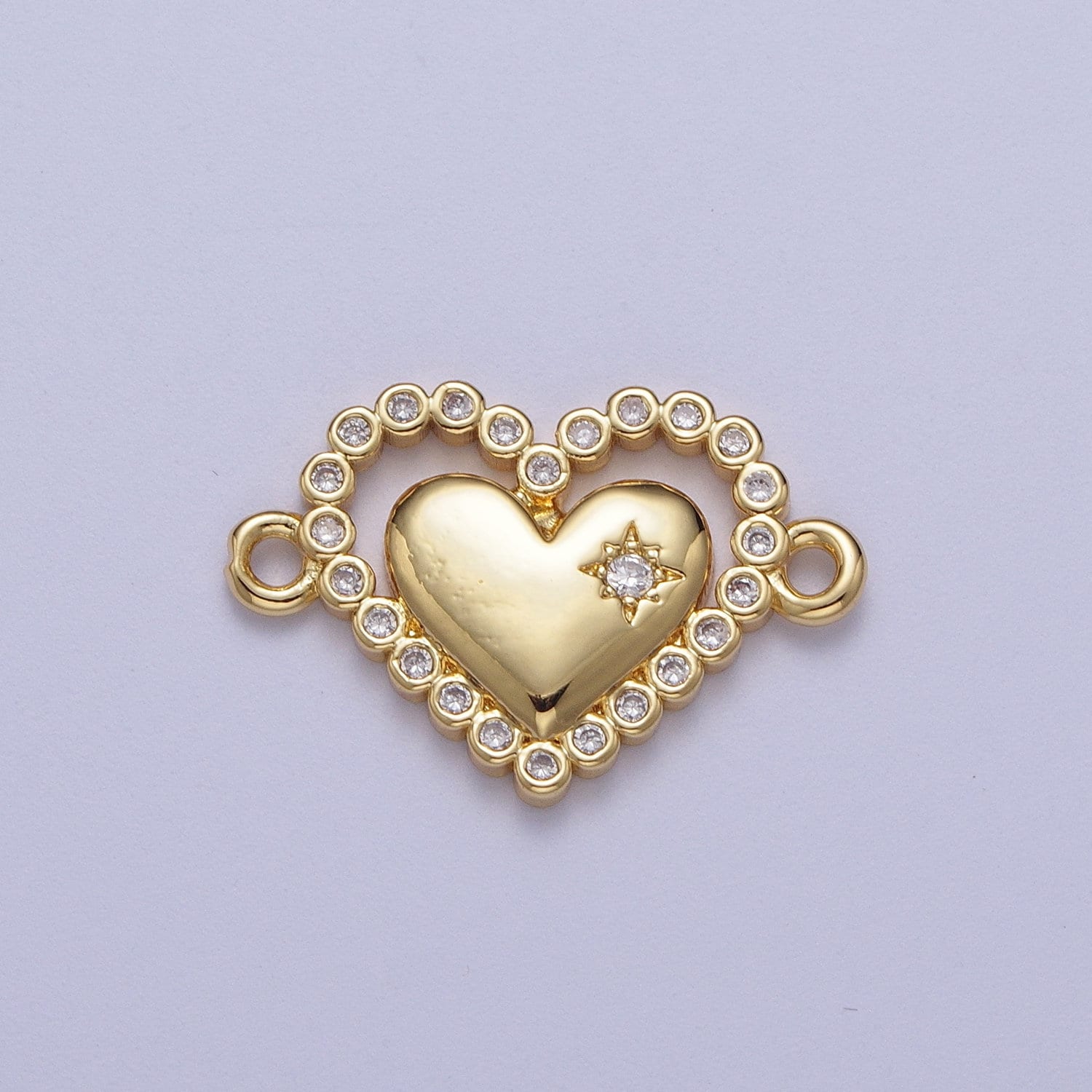 Gold CZ Heart Charm Connector, 24K Gold Plated Clear Micro Paved CZ Beaded Edge Love Heart North Star Link Connector | F-206