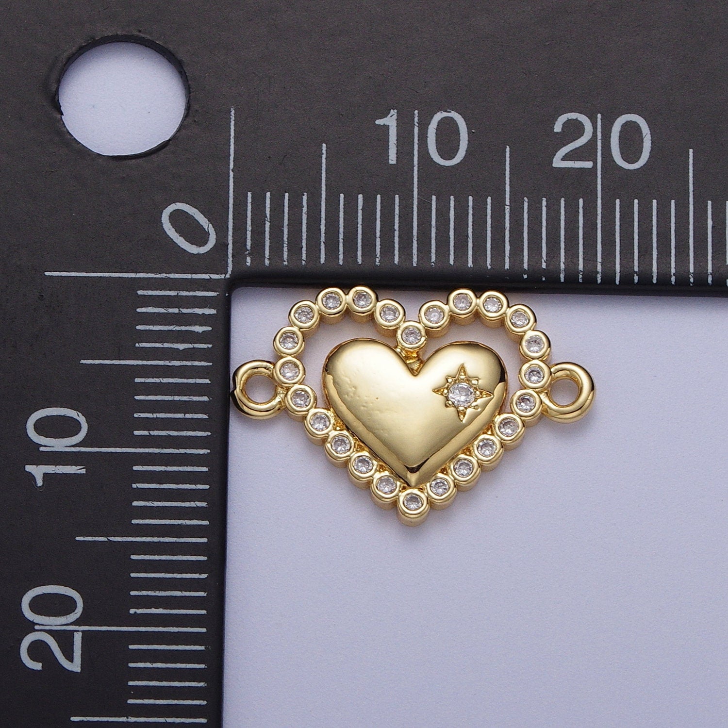 Gold CZ Heart Charm Connector, 24K Gold Plated Clear Micro Paved CZ Beaded Edge Love Heart North Star Link Connector | F-206