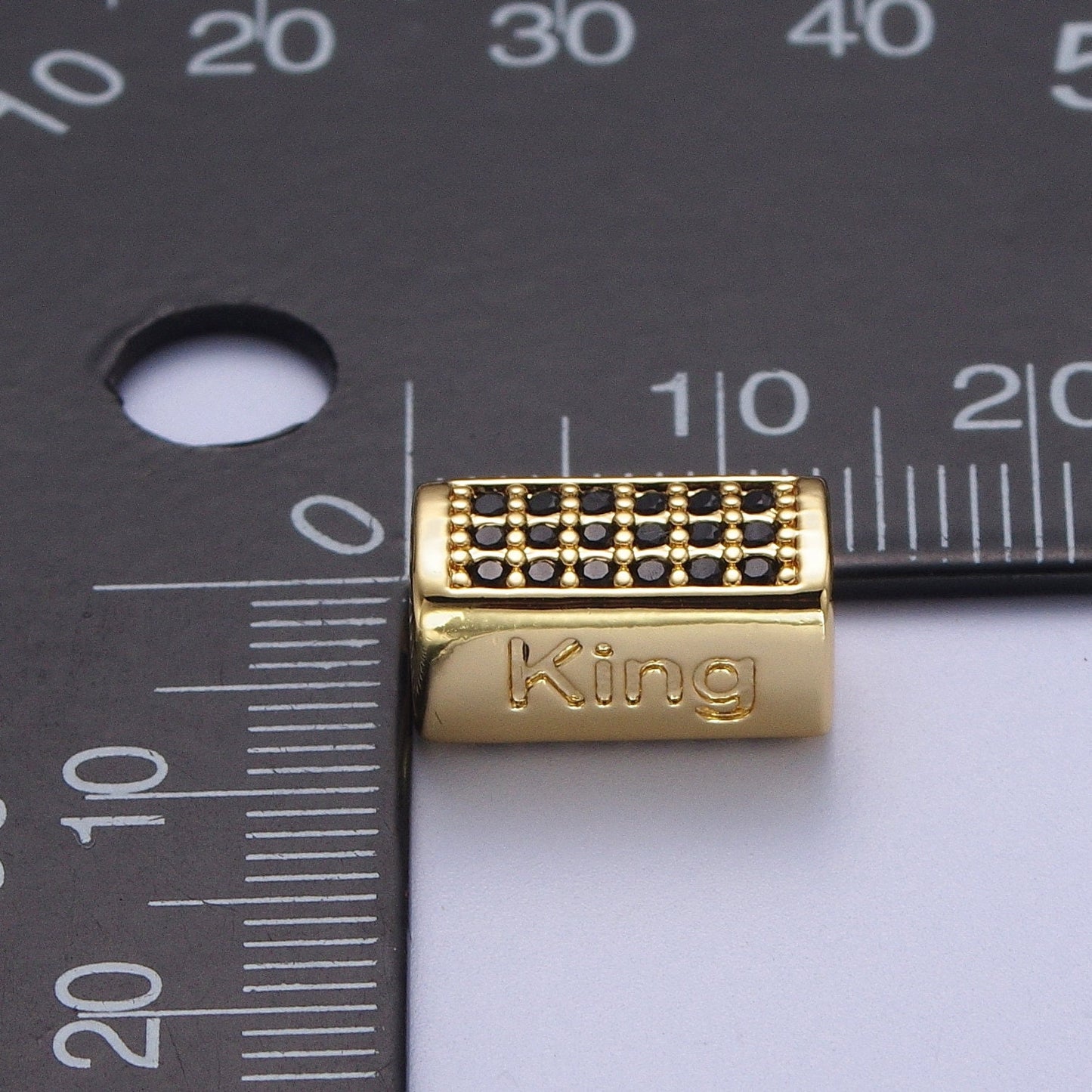Gold/Silver King Embossed Lettering Black CZ Rectangular Bead Spacer, Gold Plated Open Micro Paved Black CZ King Bead Spacer | B-073