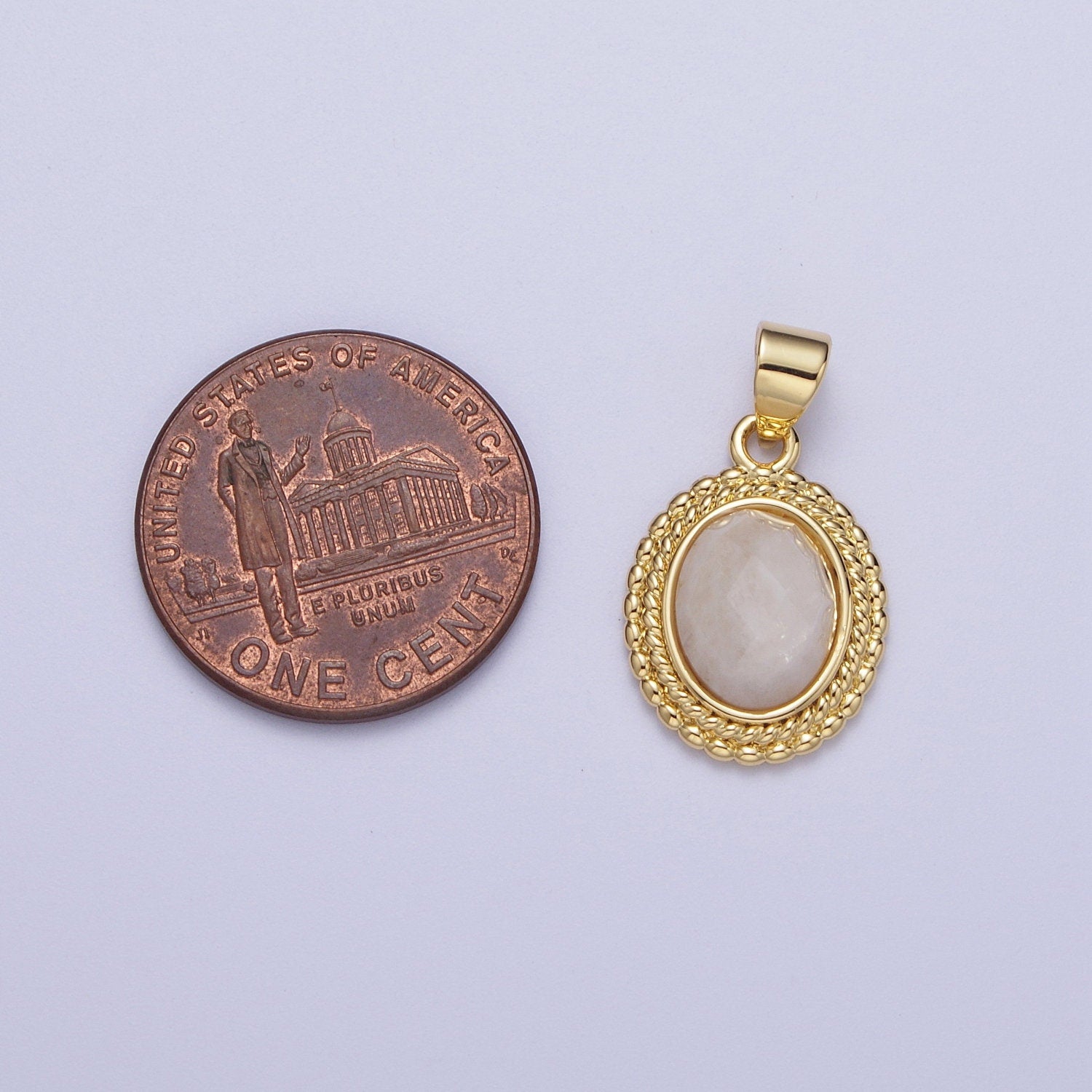 Gold Natural Moonstone Twisted Baguette Decorative Frame Pendant, 24K Gold Plated Oval Moonstone Rope Frame Charm | H-604