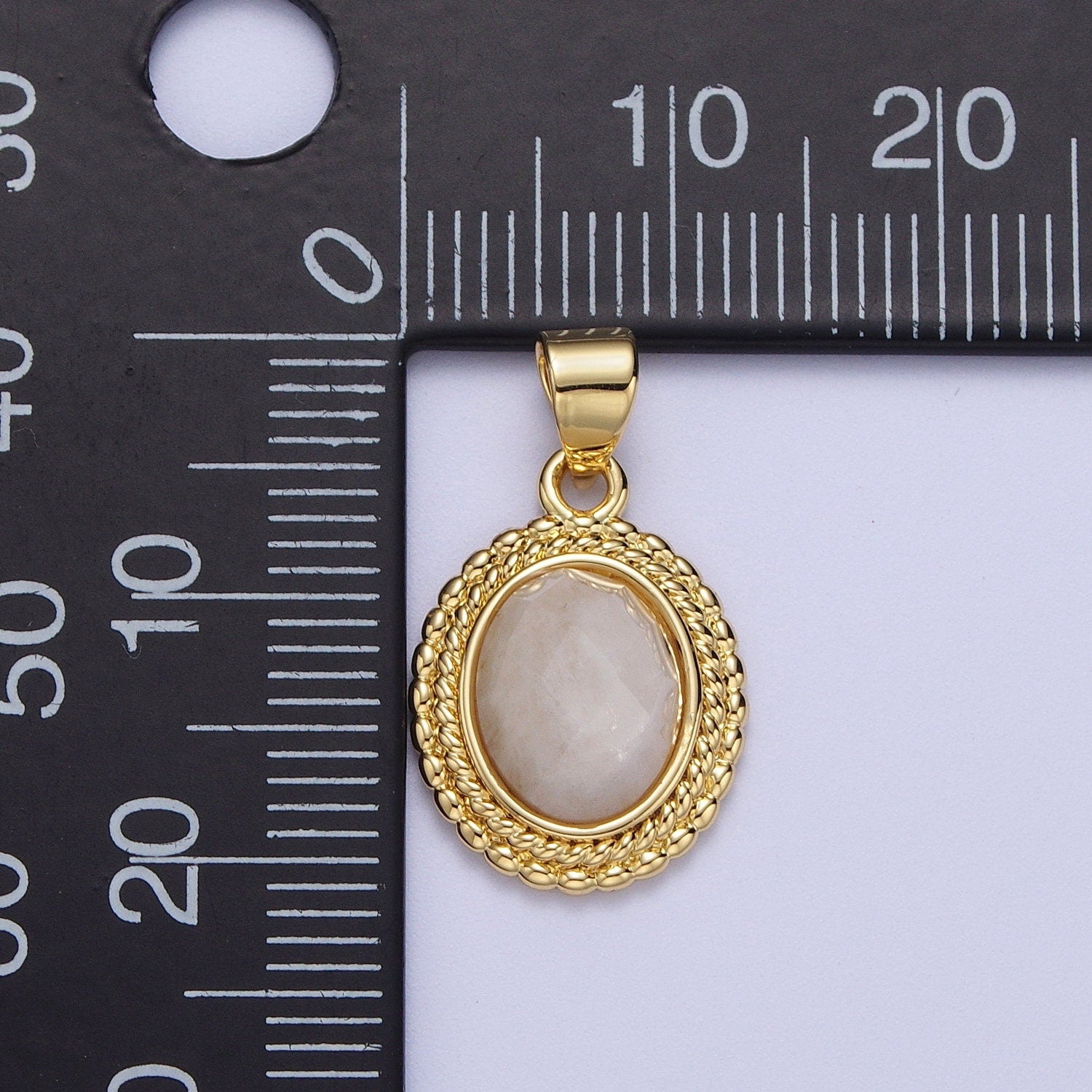Gold Natural Moonstone Twisted Baguette Decorative Frame Pendant, 24K Gold Plated Oval Moonstone Rope Frame Charm | H-604