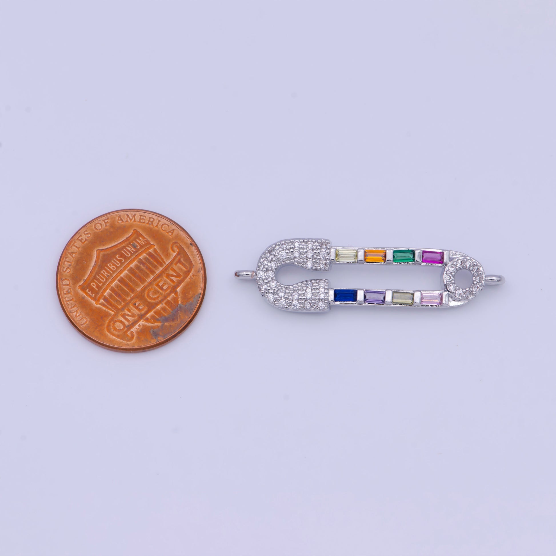 Silver Safety Pin Charm Connector, White Gold Filled Multicolor Micro Paved CZ Baguette on Safety Pin Connector | G-561