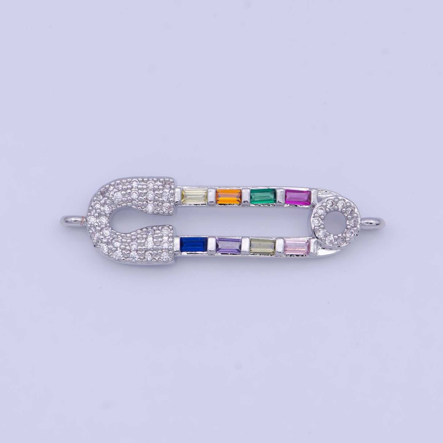 Silver Safety Pin Charm Connector, White Gold Filled Multicolor Micro Paved CZ Baguette on Safety Pin Connector | G-561