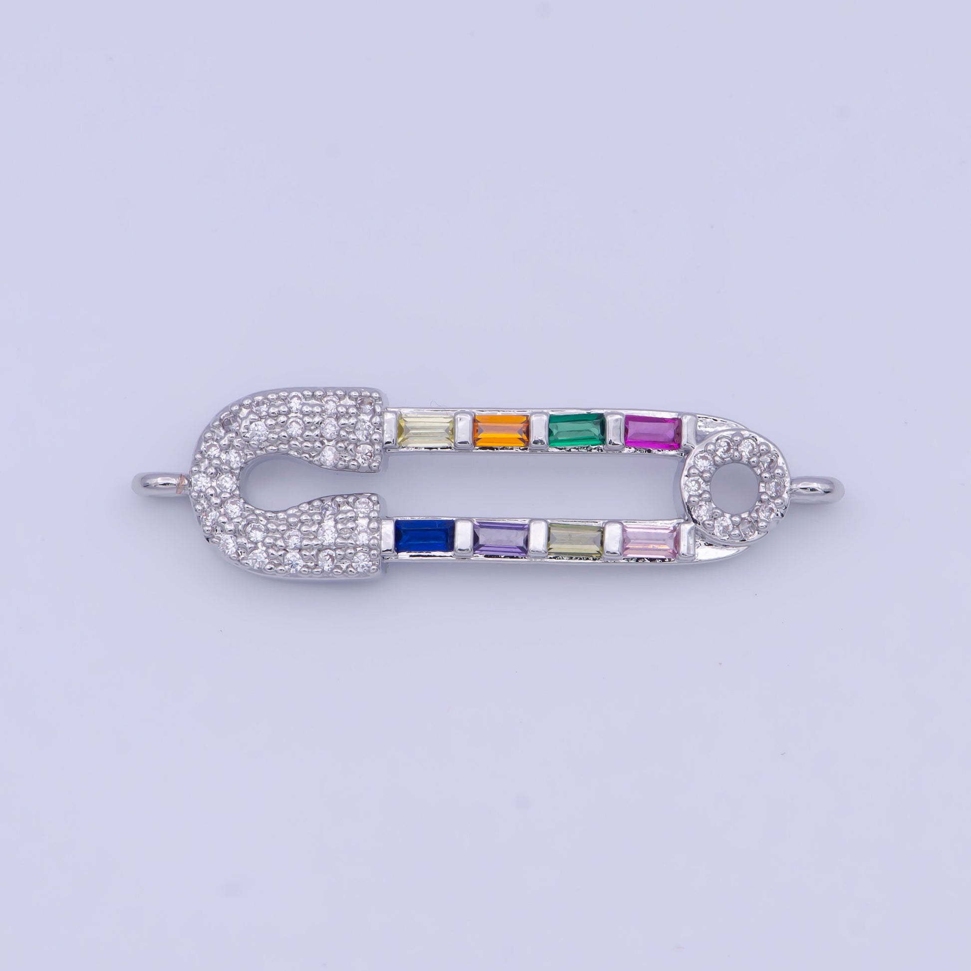 Silver Safety Pin Charm Connector, White Gold Filled Multicolor Micro Paved CZ Baguette on Safety Pin Connector | G-561