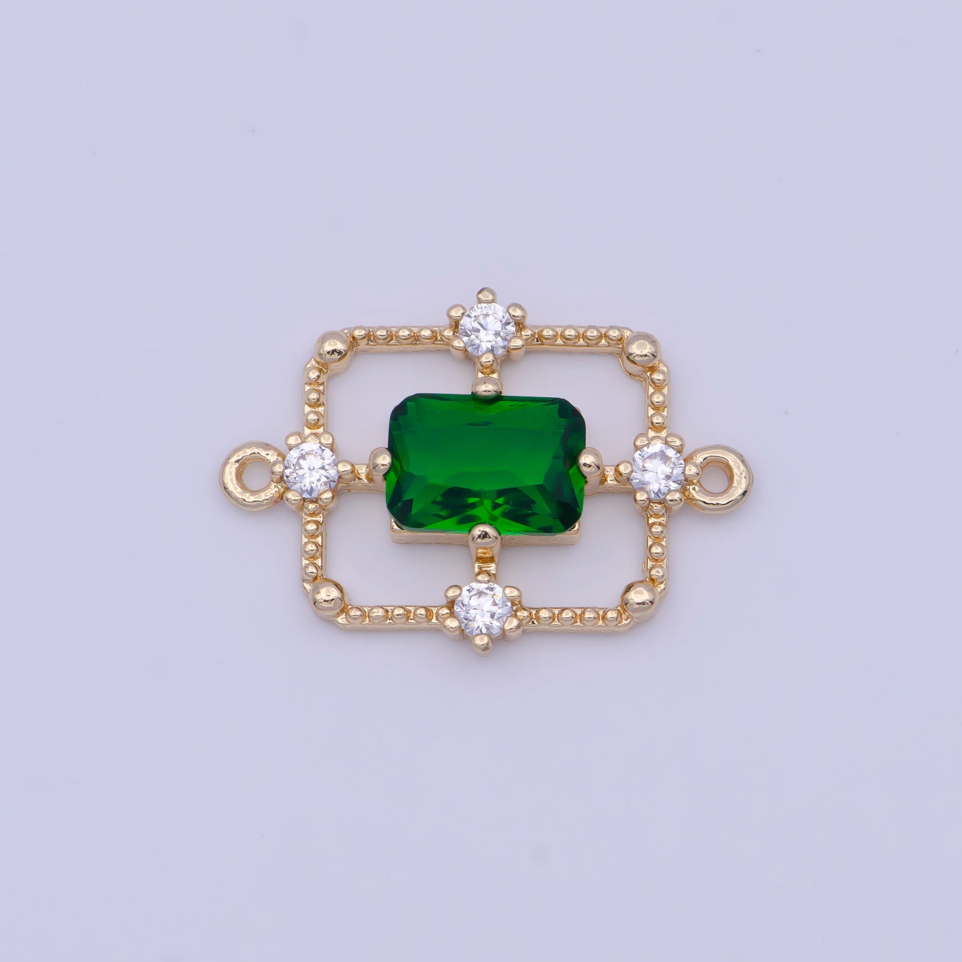 Emerald Green and Crystal Clear Rectangular Medallion Royal Quadrants Charm Connector, 24K Gold Plated Micro Pave CZ Connector | G-562, -563